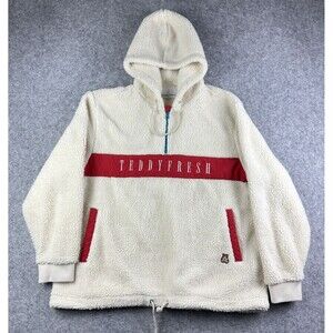 Teddy Fresh Sherpa Pullover Hoodie Adult 2XL Off White Red Pockets Logo 1/4 Zip